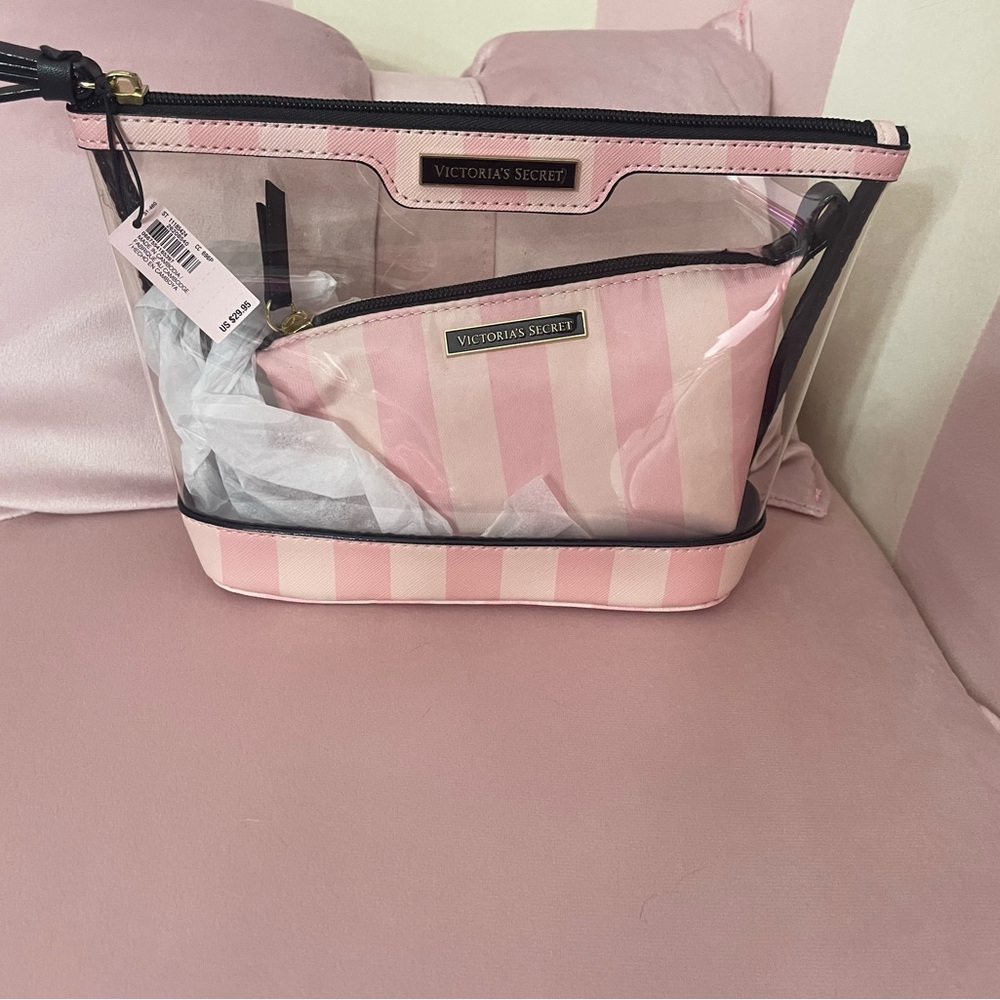 Victoria's Secret Clear and Pink Striped Cosmetic Bag Set